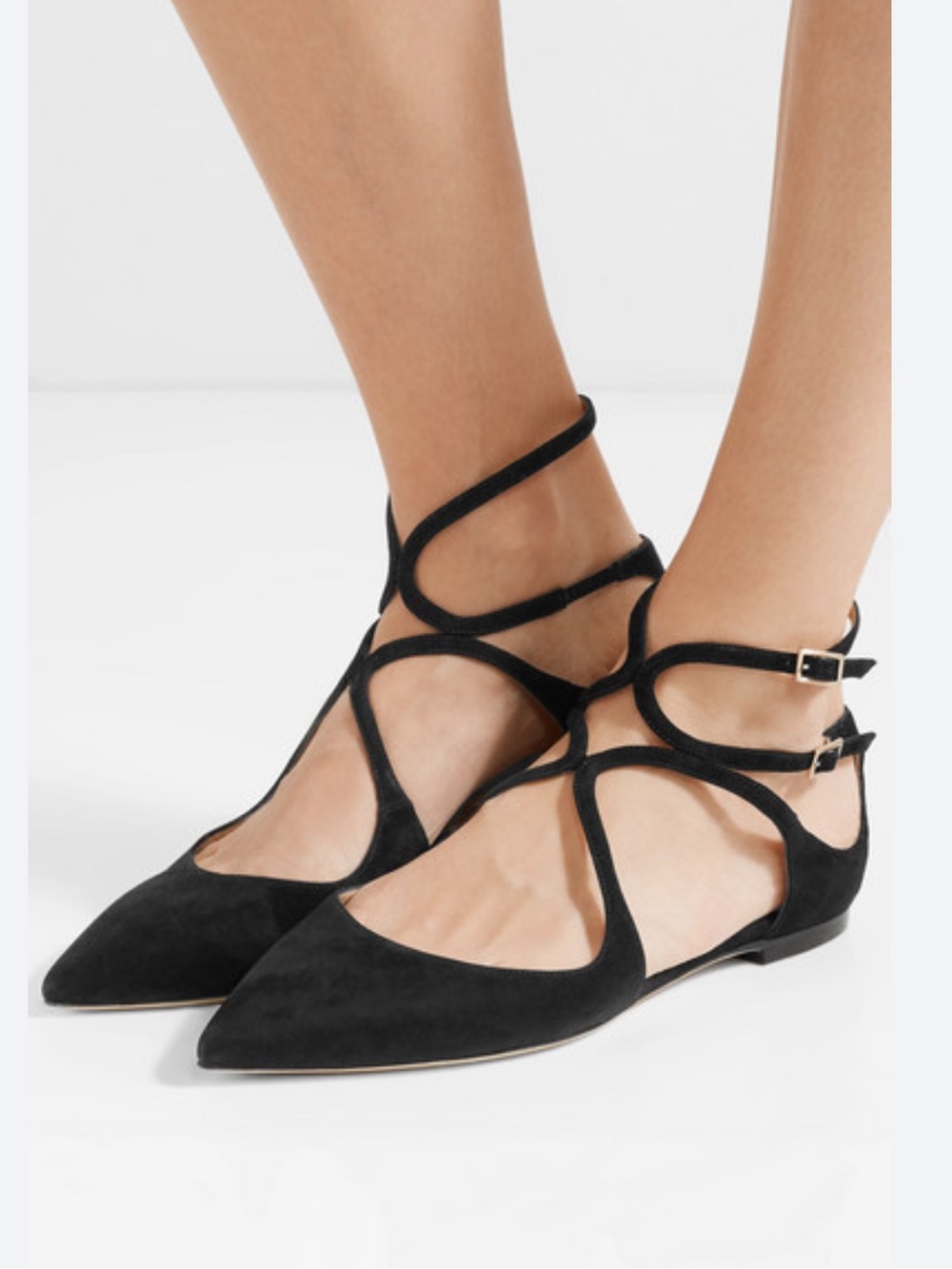 Jimmy Choo Black Suede Pointed Toe Ankle Strap Flats Size 36
